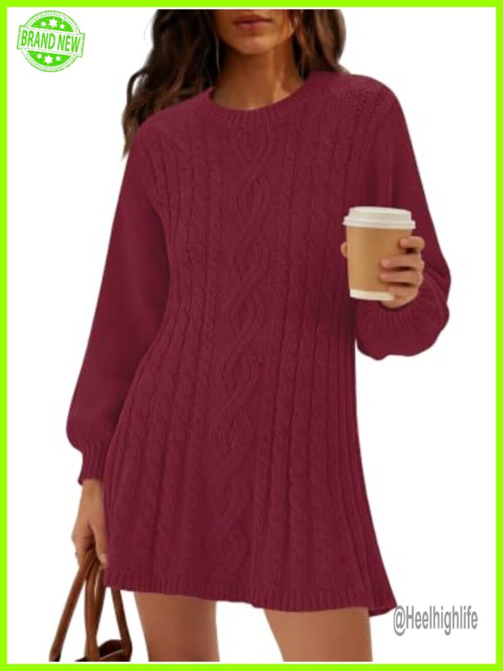 Cable Knit Sweater Dress Long Lantern Sleeve Loose Fit Women's